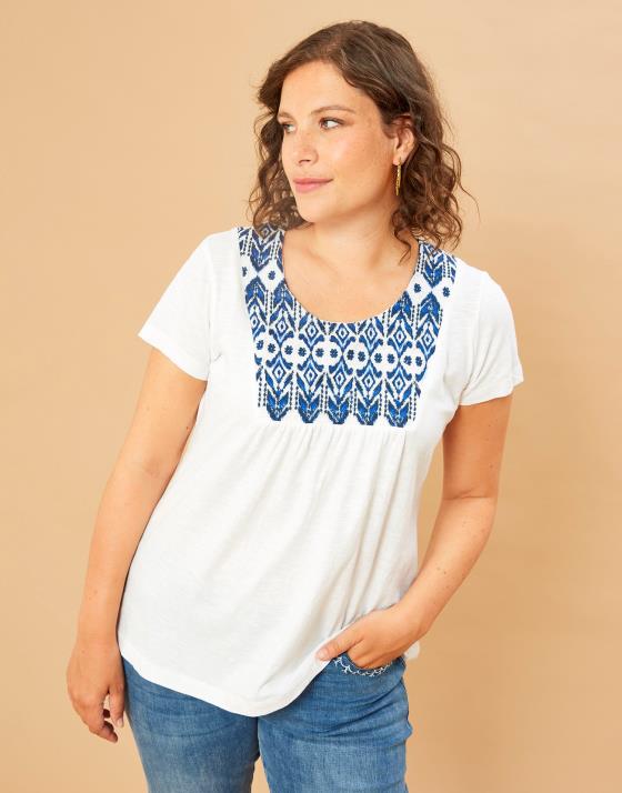 Top manches courtes 100% coton uni décoré