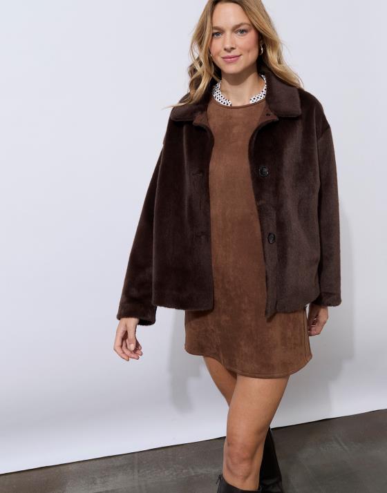 Manteau court en fausse fourrure uni
