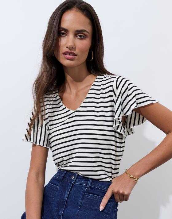 Tee-shirt marinière manches papillon rayé
