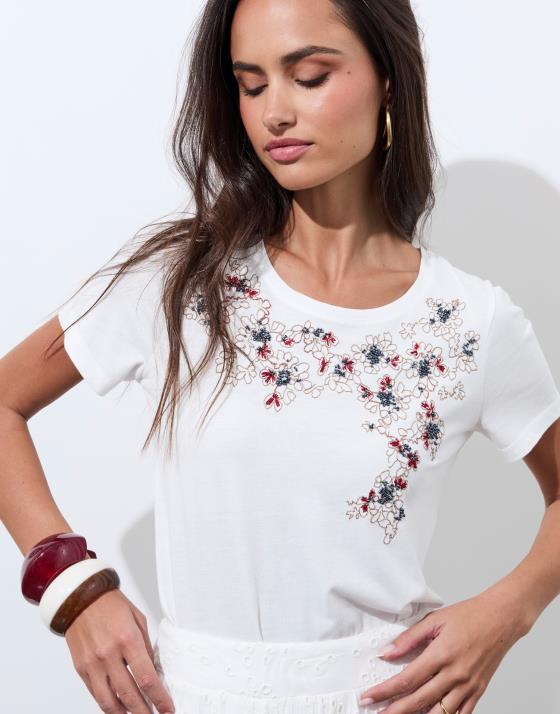 T-Shirt manches courtes en mélange coton uni décoré