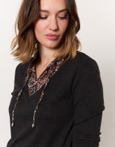 Pull fin bi-matière uni décoré