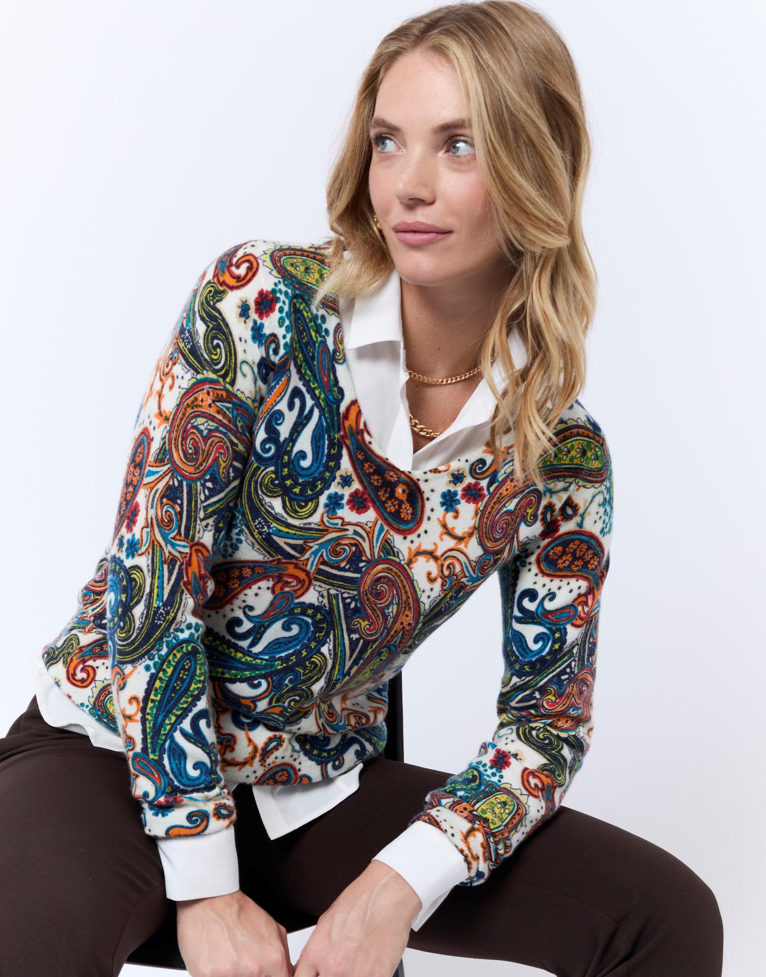 Pull fin en mélange cachemire imprimé
