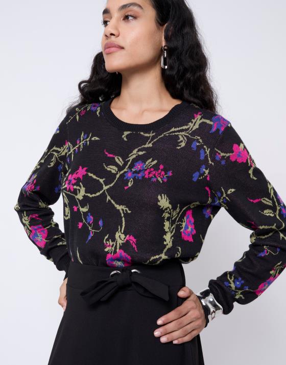Pull épais en mélange coton Jacquard motif fleurs