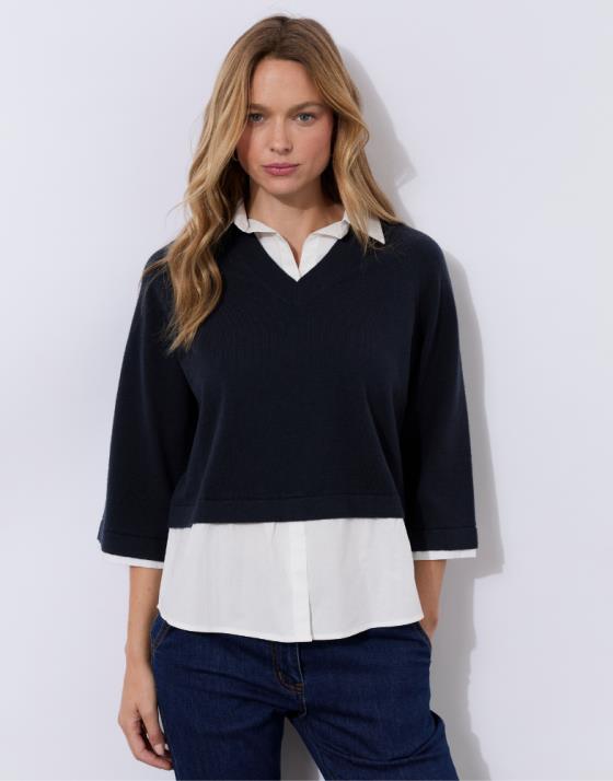 Pull fin bi-matière bicolore