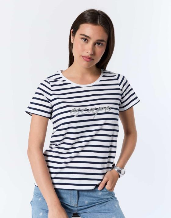 Tee-shirt marinière manches courtes 100% coton à message