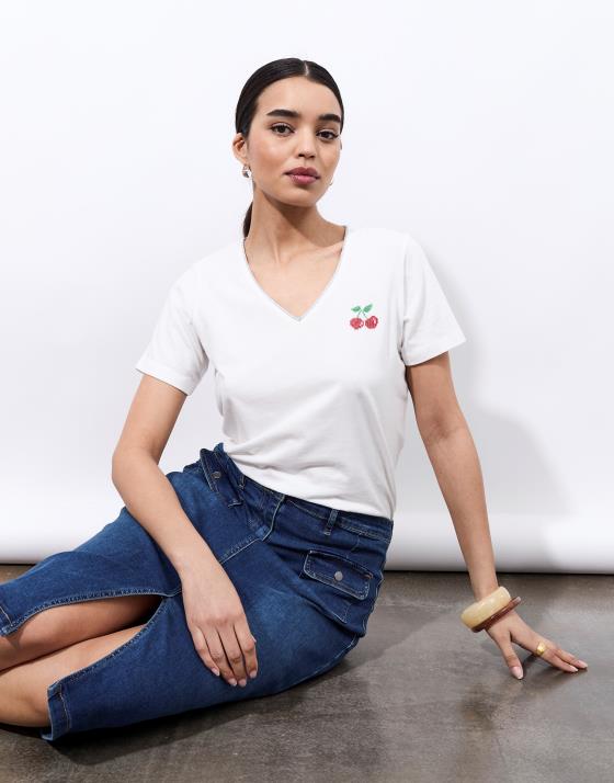 T-Shirt manches coude 100% coton uni décoré