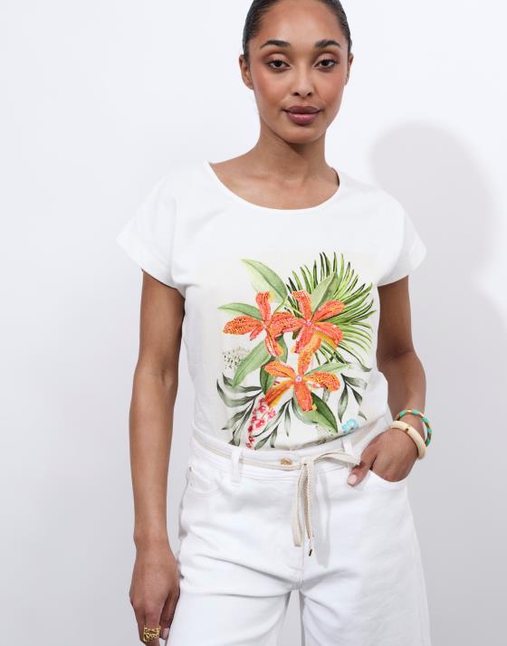 T-Shirt manches courtes 100% coton imprimé à fleurs
