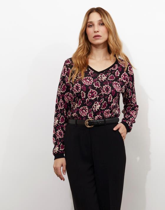 Pull fin Jacquard motif fleurs